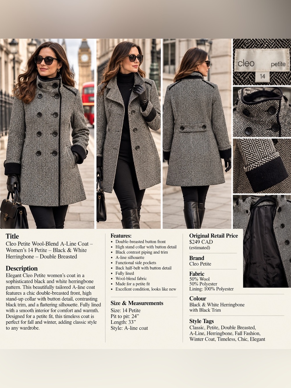 24” ptp Cleo Petite Wool Blend A-Line Coat – Size 14 Petite – Black & Ivory Herr - Picture 15 of 15